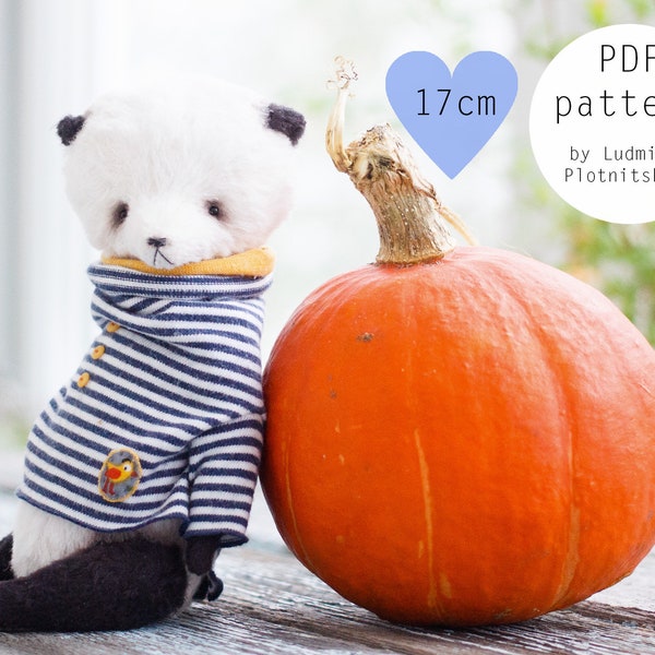 Panda sewing pattern with clothes, stuff animal doll panda, teddy bear pattern, artist teddy bear, diy soft toy panda   6.7 inches