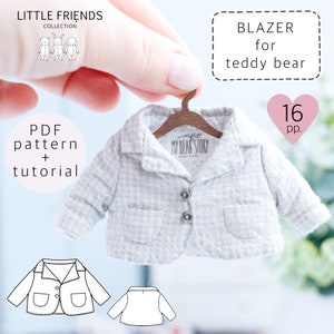 May include: A light blue blazer with a white and light blue checkered pattern. The blazer has a button closure, two pockets, and a label that says "MY BEAR STORY". The blazer is on a wooden hanger. The image also includes a PDF pattern and tutorial for making the blazer. The text "BLAZER for teddy bear" and "16 pp." are also included in the image.
