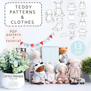 Set of teddy patterns and clothes, teddy bear pattern, elephant sewing pattern, teddy bunny pattern, teddy clothes sewing pattern, teddy pdf