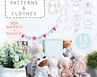 Set of teddy patterns and clothes, teddy bear pattern, elephant sewing pattern, teddy bunny pattern, teddy clothes sewing pattern, teddy pdf