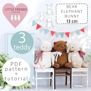 May include: A set of three plush toy patterns, a teddy bear, a bunny, and an elephant. The patterns are for 13 cm toys and include a PDF pattern and tutorial. The image shows the finished plush toys sitting on small chairs.