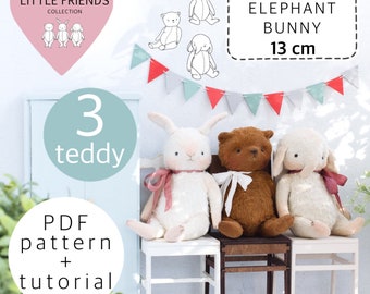 May include: A set of three plush toy patterns, a teddy bear, a bunny, and an elephant. The patterns are for 13 cm toys and include a PDF pattern and tutorial. The image shows the finished plush toys sitting on small chairs.