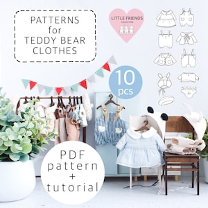 Set of teddy clothes sewing pattern -jacket, pants, top, hats, dress overalls,  doll clothes pattern & instruction, accessories for doll
