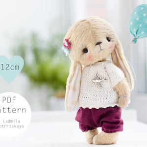 Artist teddy bunny sewing pattern, teddy bunny, ooak miniature teddy bear pattern, plush easter bunny, soft toy pattern  5 inch
