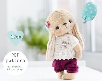 Artist teddy bunny sewing pattern, teddy bunny, ooak miniature teddy bear pattern, plush easter bunny, soft toy pattern  5 inch