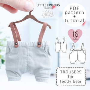 Teddy bear clothes sewing pattern, trousers for teddy bear,  doll clothes instruction, step by step tutorials, pants sewing pattern pdf