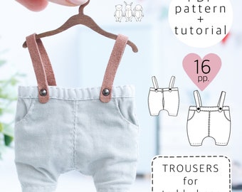 Teddy bear clothes sewing pattern, trousers for teddy bear,  doll clothes instruction, step by step tutorials, pants sewing pattern pdf