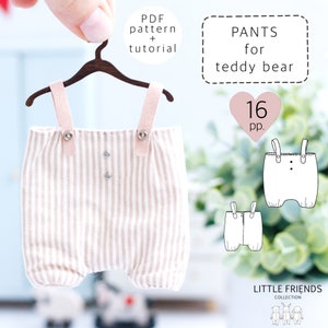 May include: A PDF pattern and tutorial for making pants for a teddy bear. The pattern includes 16 pieces and is for a teddy bear with a 16 inch waist. The pants are striped in pink and white.