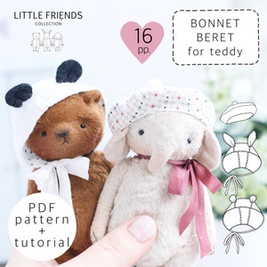 May include: Two teddy bears wearing handmade bonnets and berets. One bear is brown and wearing a panda-style bonnet. The other is white and wearing a floral beret. The image includes text that says "BONNET BERET for teddy" and "PDF pattern + tutorial."