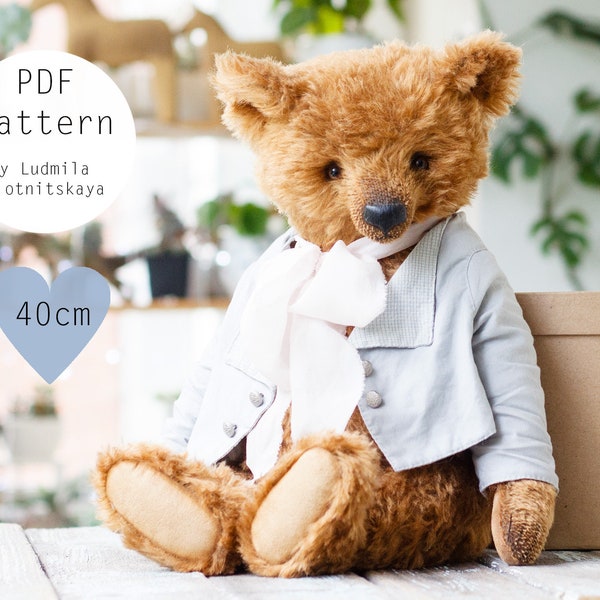 Big teddy bear pattern with jacket, 40 cm  sewing classic mohair teddy, tutorial how to embroider nose, instant download PDF 15.7 inch