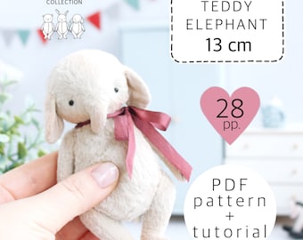 Patrón de costura de elefante, patrón de elefante de peluche, patrón de oso artista, osito de peluche conjunto, descarga instantánea pdf, patrón de peluche 5.1 pulgadas