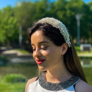 Elegant Handmade Bridal Crown with Sparkling Crystals and Lustrous Pearls