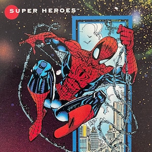 Carte promotionnelle Marvel Super Héros 1992. Série Univers. 3 cartes Spiderman, femme invisible, Captain America dans le paquet scellé prototype.