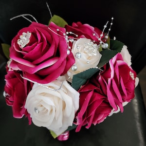 Fuchsia & Ivory Quinceanera Bouquet, Fuchsia and Ivory Quince Bouquet Fuchsia Bouquet Silver Brooches Fuchsia and Ivory Bridal Bouquet