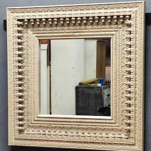Handcarved Mango Wood Wall Mirror Frame: Distressed White Indian Carving