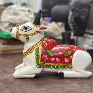 Handcrafted Wooden Nandi, Indian Cow, Hand made Nandi/Cow, Hand Painted Nandi/Cow, Nandi Cow Statue.