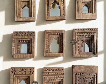 Hand-Made Wooden Jhrokha, Vintage Mini Jhrokha Frame, Indian Wooden Temple Design Mirror Jhrokha Frame.