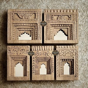 Hand Carved Wooden Temple Mirror Frame Set: Indian Wall Art