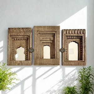 Hand-Carved Wooden Temple Mirror Frame Set: Rustic Wall Decor