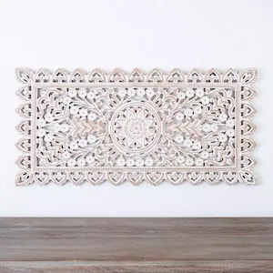 Hand-Carved Mango Wood Floral Wall Panel: Distressed Rustic Decor