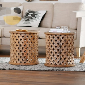 Hand Carved Mango Wood Side Table: Indian Vintage Drum Table
