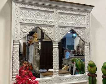 Vintage Indian Hand carved Twin Arch Jharoka Mirror Frame, Solid Hard Mango Wood Mirror Frame for living rooms, Vintage carving mirror frame