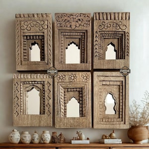 Hand-Carved Reclaimed Wood Temple Mirror Frames - Set of 6