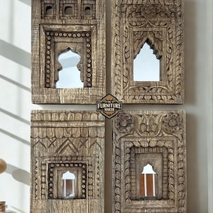Hand-Carved Wooden Temple Mirror Frames - Indian Wall Decor - Set of 4