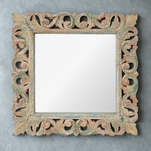 Hand-Carved Acacia Wood Mirror Frame: Indian Heritage Scrollwork