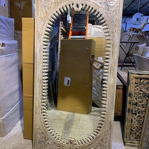 Handcarved Mango Wood Mirror Frame: Distressed White Indian Spindle Design