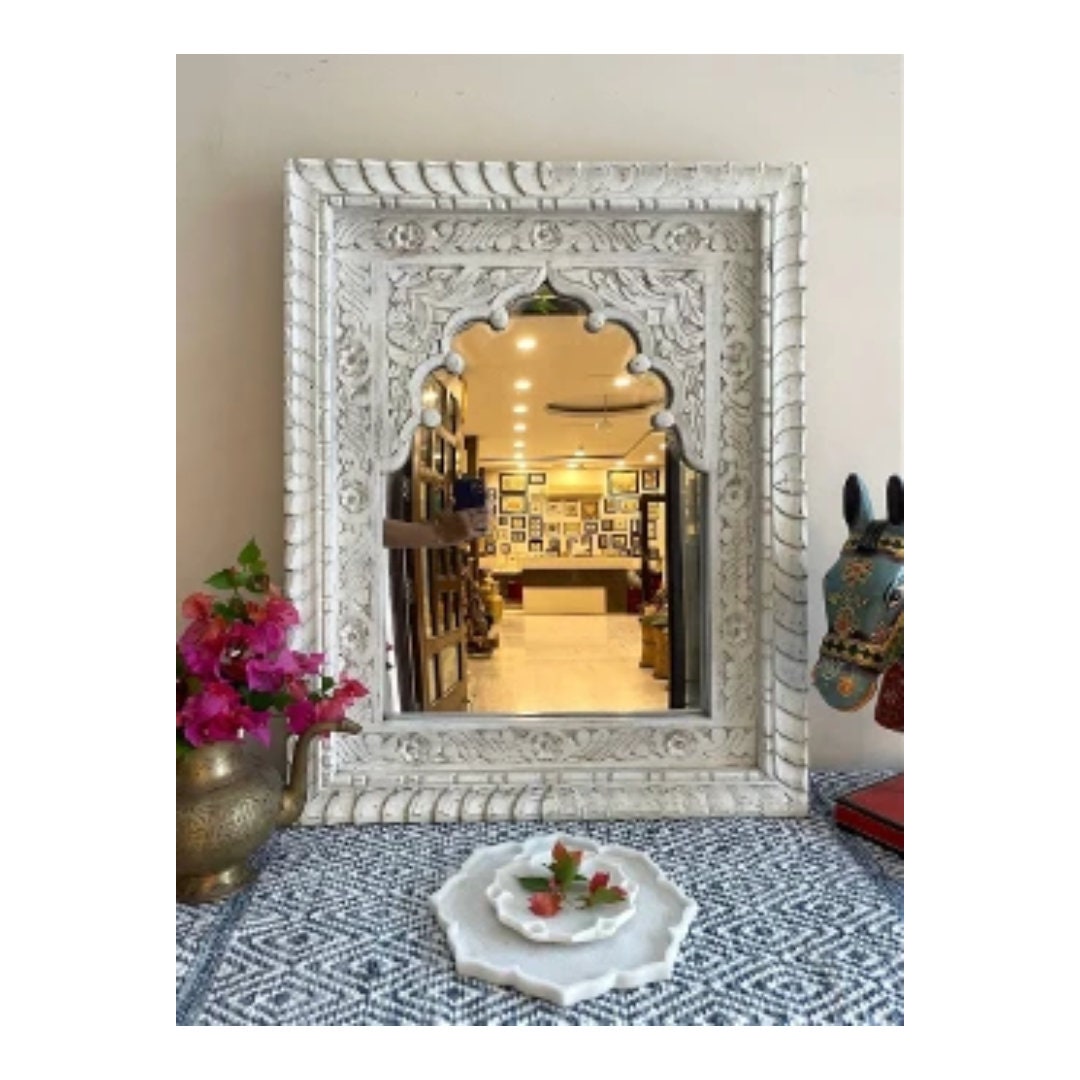 Indian Style Jharokha Hand Carved Wall Mirror in Solid Hard Wood