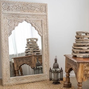 Hand Carved Jharokha Wall Mirror: Indian Mango Wood Decor