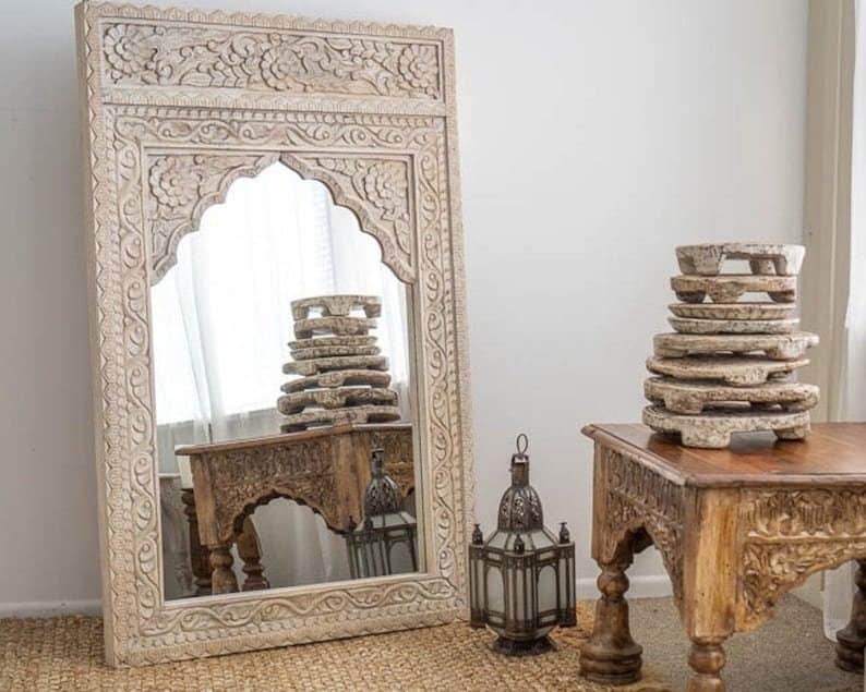 Indian Style Jharokha Hand Carved Wall Mirror in Solid Hard Wood Amtique wall decor Indian Vintage hand Carved Jharoka Mirror