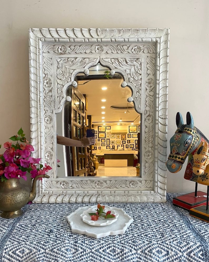 Indian Style Jharokha Hand Carved Wall Mirror in Solid Hard Wood