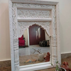 Handcarved Mango Wood Mirror Frame: Distressed White Indian Carving