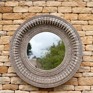 Hand Carved Indian Spindle Mirror: Distressed White Mango Wood Frame