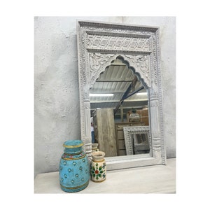 Hand Carved Jharokha Wall Mirror: Indian Mango Wood, Blue-Green
