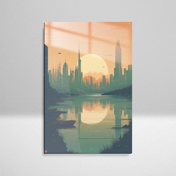 Retro Art einer Zukunftsstadt bei Sonnenuntergang mit Spiegelung der Skyline