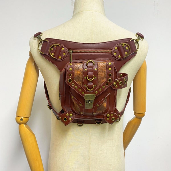 Medieval Leather Waist Bag, Steampunk Backpack, Vintage Viking Waist Bag, Crossbody Biker Bag, Multifunctional Mini Travel Waist Pack