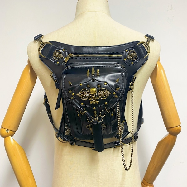 Skull Punk Motorcycle Leather Bag, Dark Lutin Chain Waist Bag, Vintage Medieval Backpack Crossbody Bag, Multifunctional Travel Waist Bag