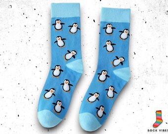 Calcetines de pingüino, calcetines azules novedosos, calcetines de tripulación - calcetines divertidos, regalo para amantes de los animales, calcetines coloridos, pingüinos lindos, se adapta a EUR34-41/UK2-7.5