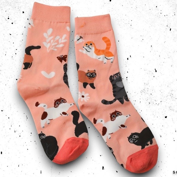 Cat Print Novelty Socks - Comfy & Cute, Cartoon Socks, One-Size, Perfect for Cat Lovers, Animal Pattern Socks, Cartoon Socks, 2 - 7.5 UK