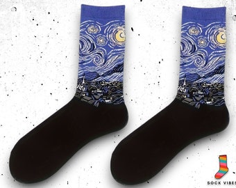 Calcetines artísticos Van Gogh Crew - Calcetines novedosos informales unisex, mezcla de poliéster y algodón transpirable y cómoda, talla única EUR39-46/UK5-11, azul marino