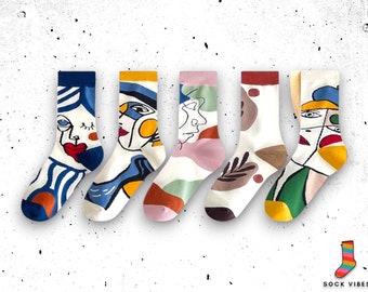 Colourful Picasso-Inspired Artistic Socks - 5 Pairs Mid-Tube Socks, Patterned Socks, Novelty Socks, Art socks, cool socks, 34-41 / 2 - 7.5UK