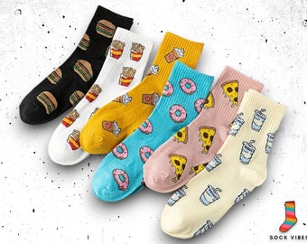 Whimsical Foodie Crew Socks - Juego de 6 pares de calcetines novedosos de tubo medio con estampados de bocadillos vibrantes, calcetines estampados, regalo para amantes de la comida UK 2-7.5