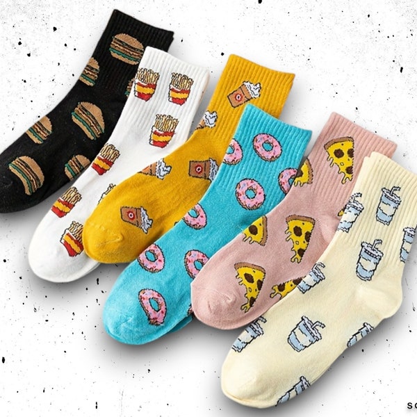 Whimsical Foodie Crew Socks - 6 Pair Set of Novelty Mid-Tube Socks with Vibrant Snack Prints, Patterned Socks, Gift for food lovers UK 2-7.5