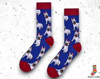 Calcetines para perros Frenchie - Regalo para amantes de los perros, calcetines con estampado de perros, Moda para amantes de los perros, Calcetines novedosos divertidos, Calcetines Bulldog Francés, EUR40-46/UK6-11