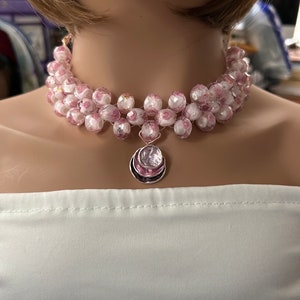 Pink Rose Lampwork Glass - Leather Back - Silver Tone Bell Choker Earrings Set