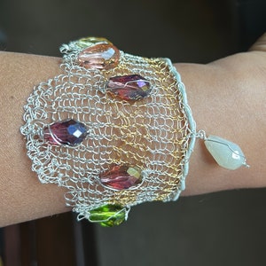 Two-tone Weaved Sterling Silver/14K Gold Wire - Multi-Color Crystals Leather Trim Cuff