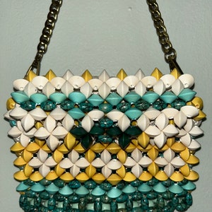 White/Yellow/Green Saucer Shaped Wooden Beads - Beaded Clutch/Small Handbag